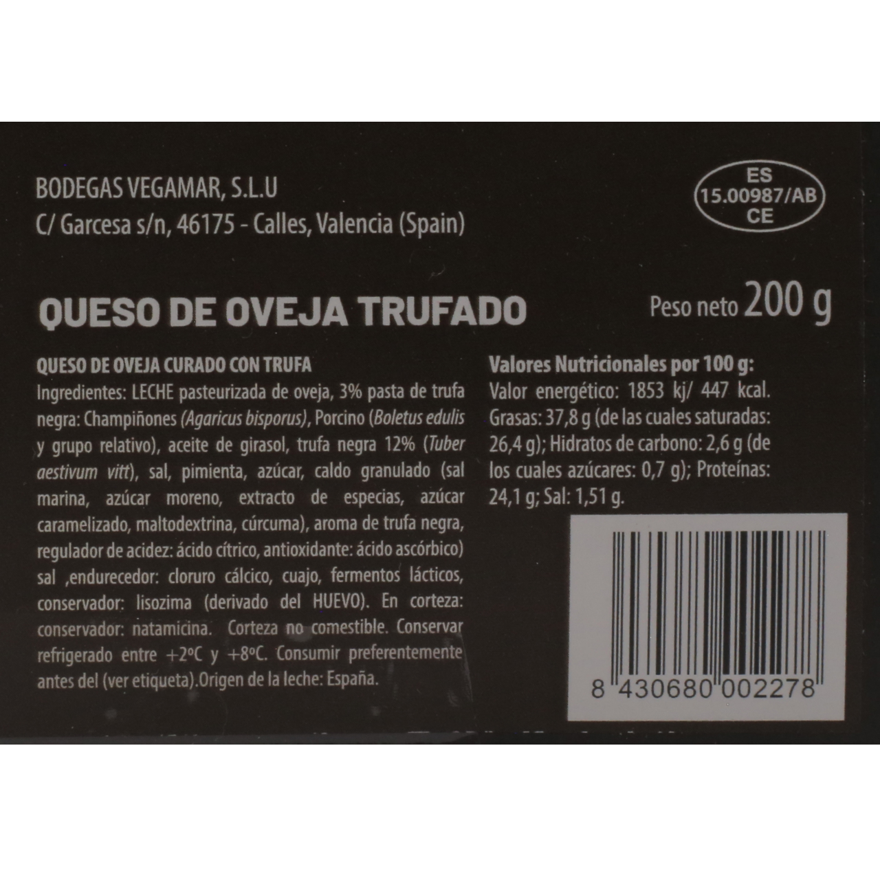 Cuña Queso 100% Oveja con Trufa 200 g aprox. VEGAMAR Estuchado