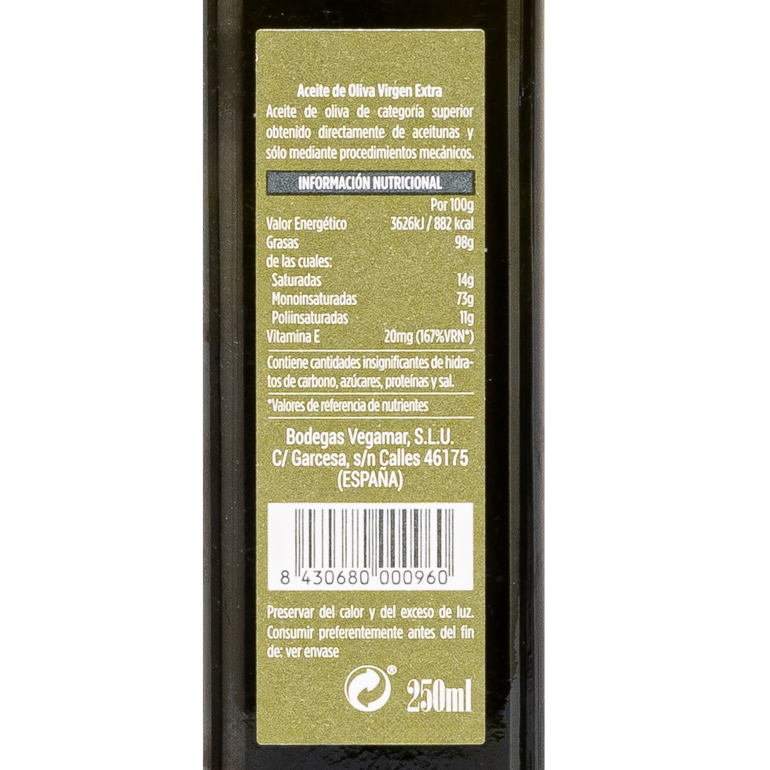 Aceite de Oliva Virgen Extra Arbequina 250 ml VEGAMONTE