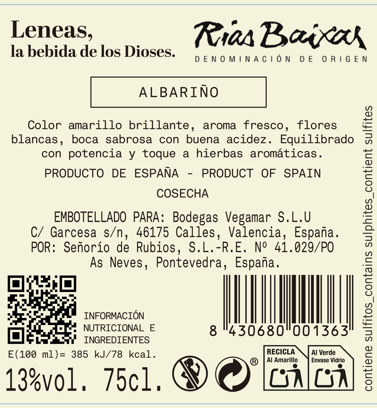 Vino Blanco Albariño D.O. Rías Baixas LENEAS