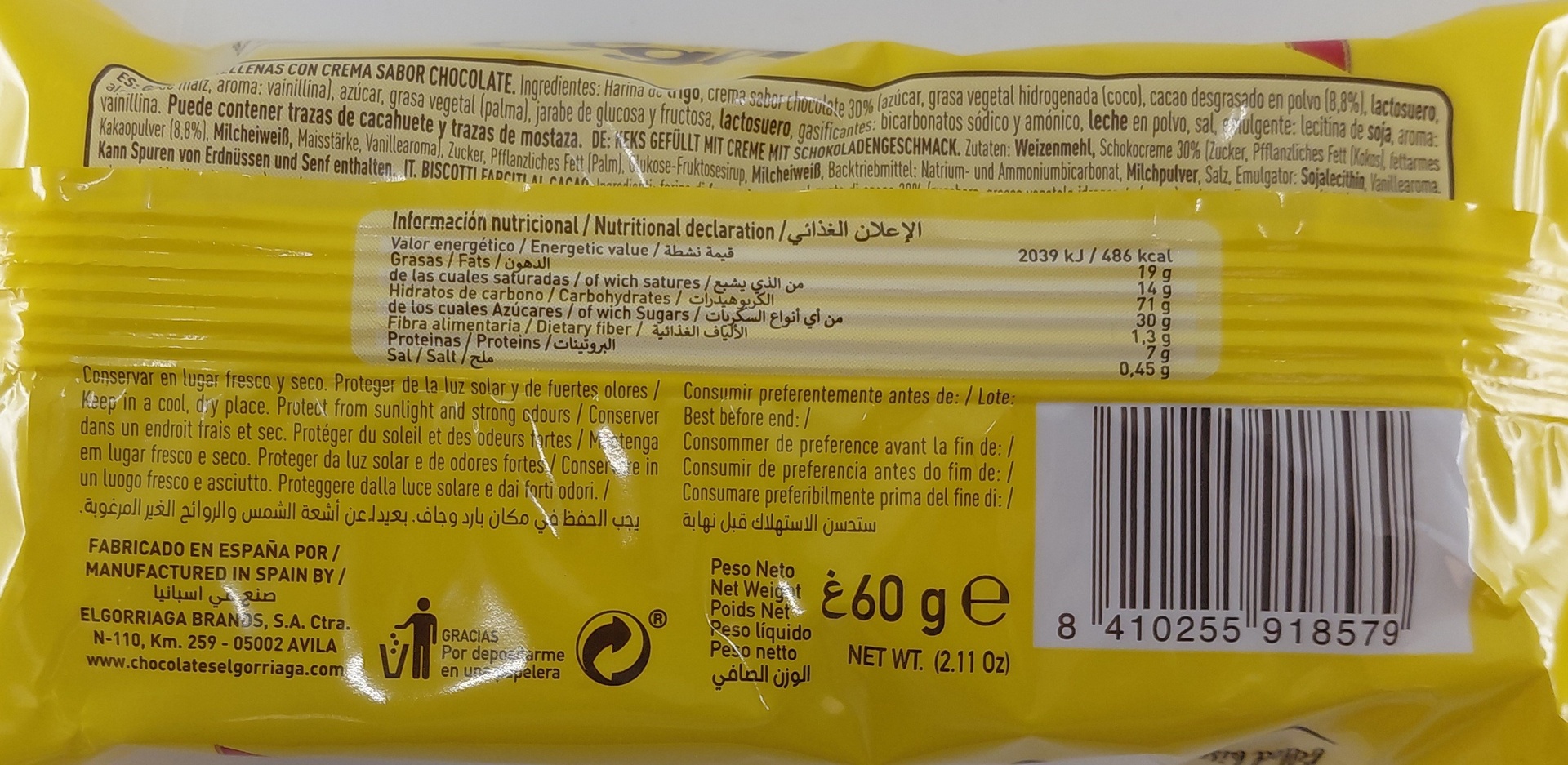 Galletas Rellenas de Chocolate 60g ELGORRIAGA