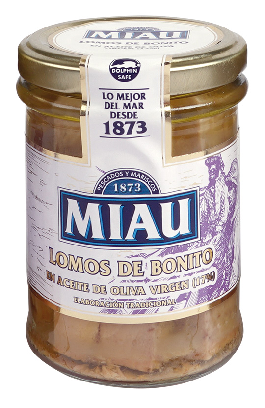 TARRO LOMOS DE BONITO EN ACEITE DE OLIVA VIRGEN 212ML 190G ENTO MIAU